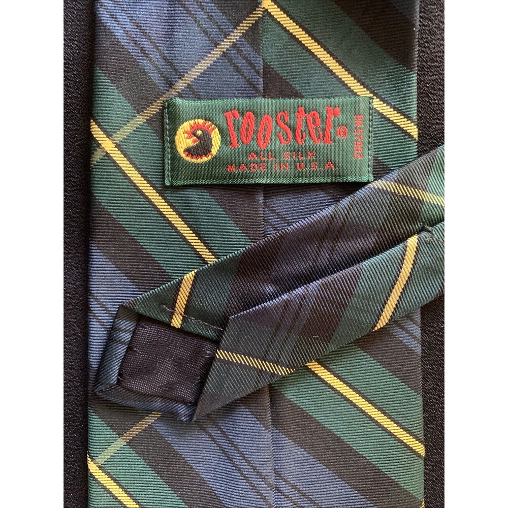 Vtg Rooster Silk Neck Tie Navy Blue Green Blackwatch Tartan Plaid Preppy Holiday